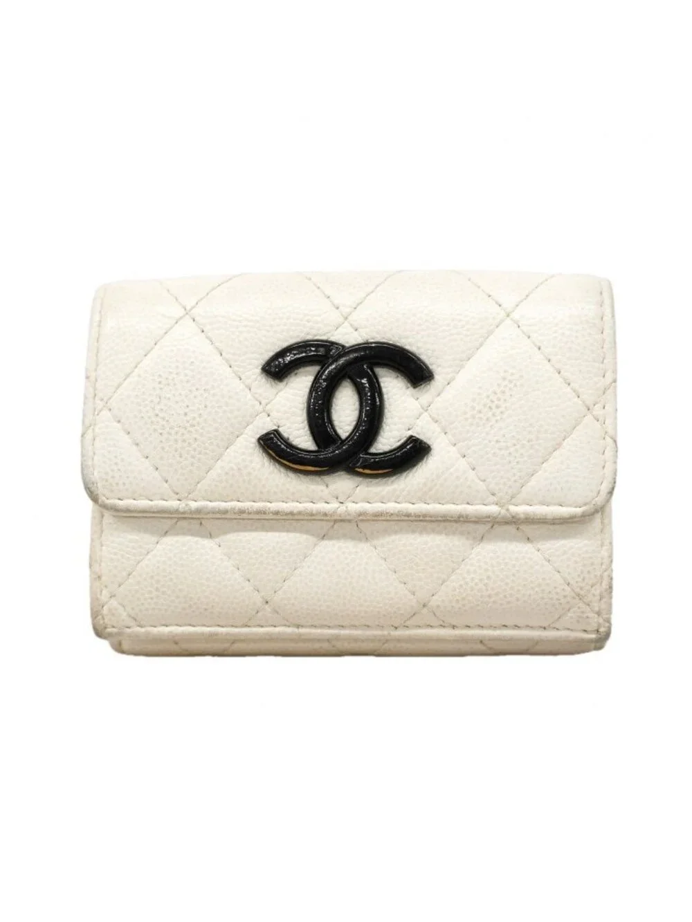 Chanel Trifold Wallet Quilted Caviar Leather White Silver